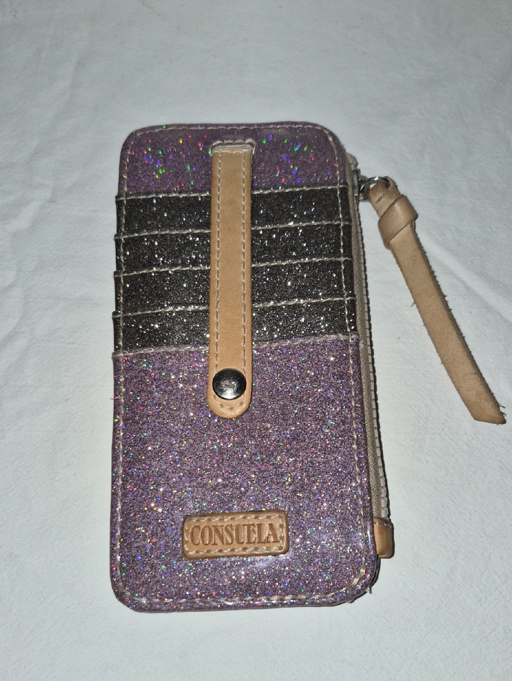 Consuela Purple Glitter Wristlet Phone Wallet with Tan Strap